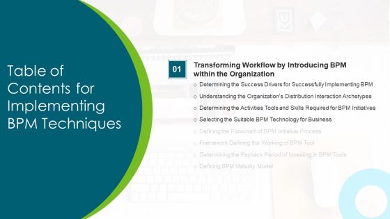Table Of Contents For Implementing BPM Techniques Organization Icons PDF
