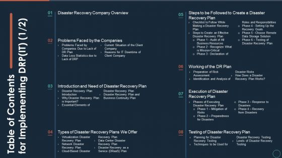 Table Of Contents For Implementing DRP IT Ppt PowerPoint Presentation Ideas Microsoft PDF