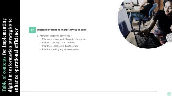 Table Of Contents For Implementing Digital Transformation Strategies To Enhance Operational Efficiency Sample PDF Table Of Contents For Implementing Digital Transformation Strategies To Enhance Operational Efficiency Sample PDF
