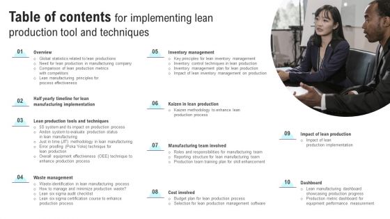 Table Of Contents For Implementing Lean Production Tool And Techniques Information PDF