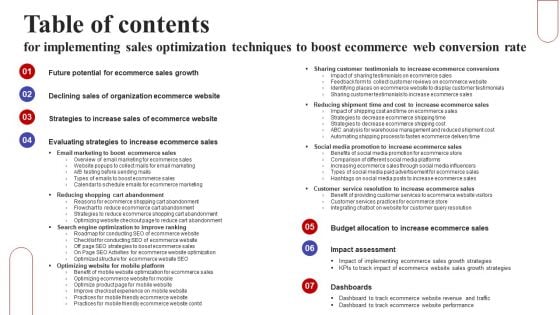 Table Of Contents For Implementing Sales Optimization Techniques To Boost Ecommerce Web Conversion Rate Elements PDF Table Of Contents For Implementing Sales Optimization Techniques To Boost Ecommerce Web Conversion Rate Elements PDF