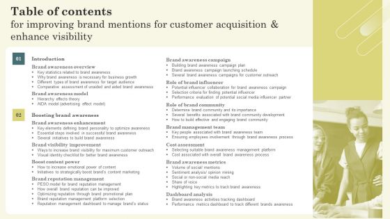 Table Of Contents For Improving Brand Mentions For Customer Acquisition And Enhance Visibility Structure PDF