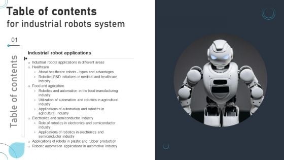 Table Of Contents For Industrial Robots System Ppt PowerPoint Presentation Gallery Slides PDF