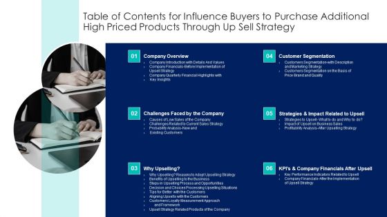 Table Of Contents For Influence Buyers To Purchase Additional High Priced Products Through Up Sell Strategy Information PDF