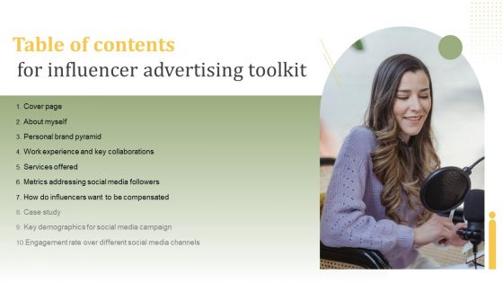 Table Of Contents For Influencer Advertising Toolkit Diagrams PDF Formats PDF Table Of Contents For Influencer Advertising Toolkit Diagrams PDF Formats PDF