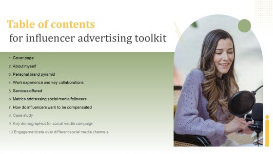 Table Of Contents For Influencer Advertising Toolkit Diagrams PDF Formats PDF