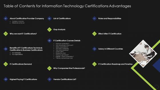 Table Of Contents For Information Technology Certifications Advantages Formats PDF