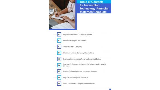 Table Of Contents For Information Technology Financial Statement Template One Pager Documents