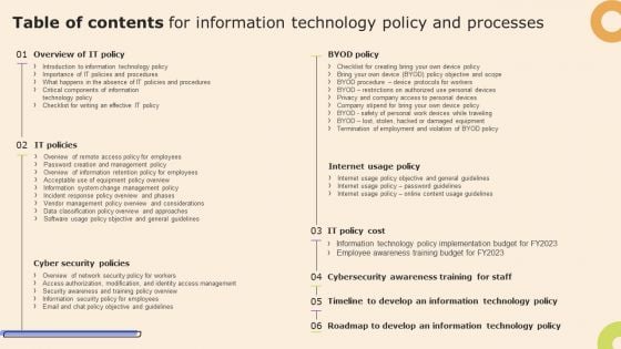 Table Of Contents For Information Technology Policy And Processes Formats PDF