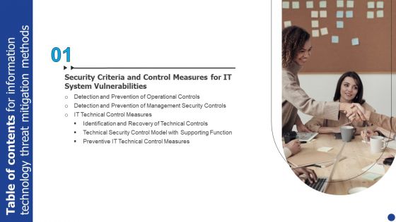 Table Of Contents For Information Technology Threat Mitigation Methods Measures Diagrams PDF