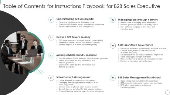 Table Of Contents For Instructions Playbook For B2B Sales Executive Template PDF