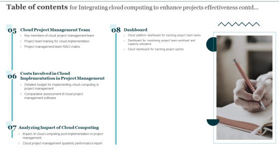 Table Of Contents For Integrating Cloud Computing To Enhance Projects Effectiveness Icons PDF