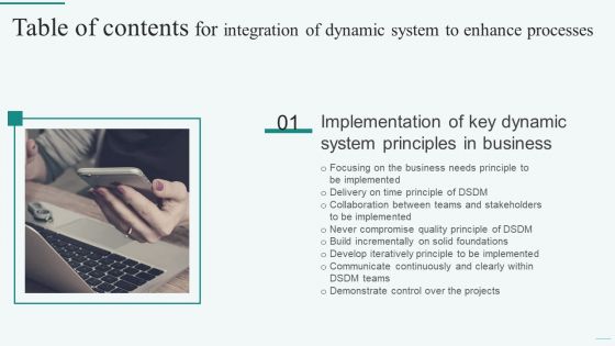 Table Of Contents For Integration Of Dynamic System To Enhance Processes Slide Infographics PDF