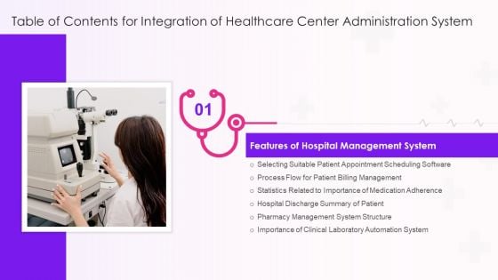 Table Of Contents For Integration Of Healthcare Center Administration System Slide Ideas PDF