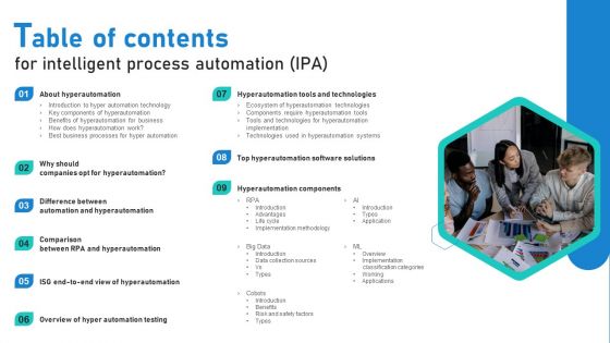 Table Of Contents For Intelligent Process Automation IPA Inspiration PDF Table Of Contents For Intelligent Process Automation IPA Inspiration PDF