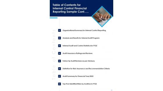 Table Of Contents For Internal Control Financial Reporting Sample Cont One Pager Documents