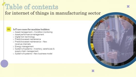 Table Of Contents For Internet Of Things In Manufacturing Sector Icons PDF