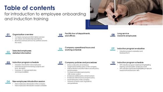 Table Of Contents For Introduction To Employee Onboarding And Induction Training Ideas PDF