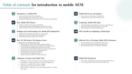 Table Of Contents For Introduction To Mobile SEM Clipart PDF Table Of Contents For Introduction To Mobile SEM Clipart PDF