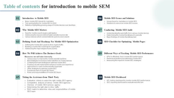 Table Of Contents For Introduction To Mobile SEM Clipart PDF