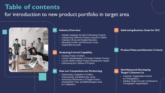 Table Of Contents For Introduction To New Product Portfolio In Target Area Ppt File Sample PDF