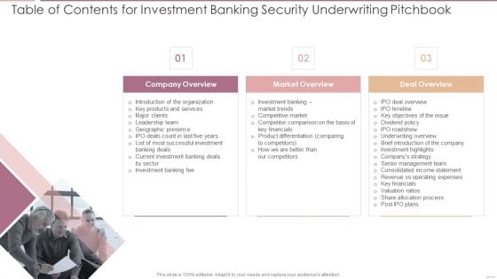 Table Of Contents For Investment Banking Security Underwriting Pitchbook Guidelines PDF