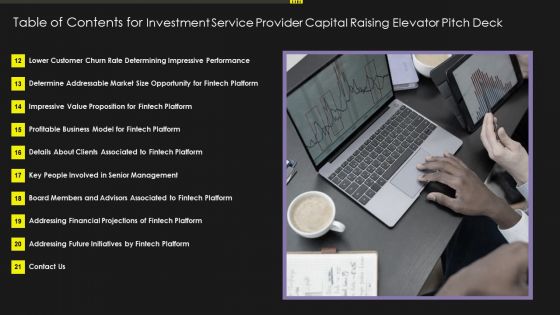 Table Of Contents For Investment Service Provider Capital Raising Elevator Pitch Deck Formats PDF