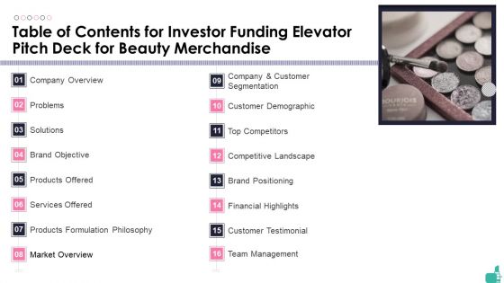 Table Of Contents For Investor Funding Elevator Pitch Deck For Beauty Merchandise Formats PDF Table Of Contents For Investor Funding Elevator Pitch Deck For Beauty Merchandise Formats PDF