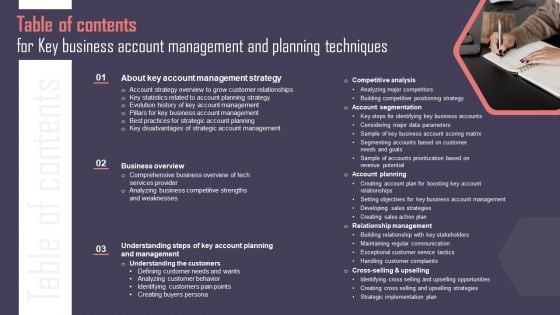 Table Of Contents For Key Business Account Management And Planning Techniques Information PDF