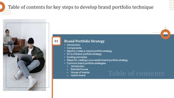 Table Of Contents For Key Steps To Develop Brand Portfolio Techniques Elements PDF