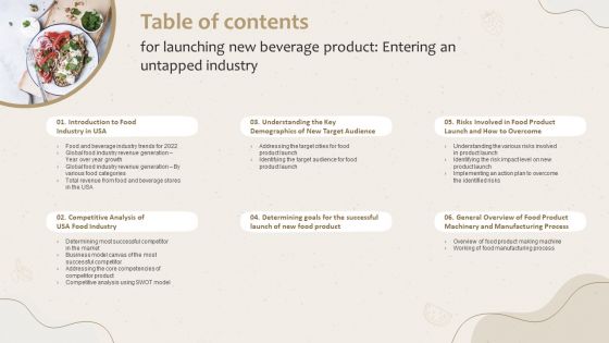 Table Of Contents For Launching New Beverage Product Entering An Untapped Industry Diagrams PDF