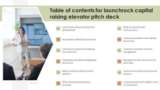 Table Of Contents For Launchrock Capital Raising Elevator Pitch Deck Brochure PDF Table Of Contents For Launchrock Capital Raising Elevator Pitch Deck Brochure PDF