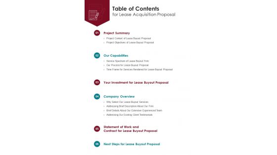 Table Of Contents For Lease Acquisition Proposal One Pager Sample Example Document Table Of Contents For Lease Acquisition Proposal One Pager Sample Example Document
