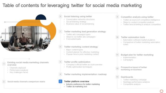 Table Of Contents For Leveraging Twitter For Social Media Marketing Diagrams PDF