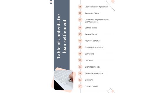 Table Of Contents For Loan Settlement One Pager Sample Example Document