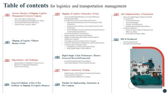 Table Of Contents For Logistics And Transportation Management Brochure PDF Table Of Contents For Logistics And Transportation Management Brochure PDF