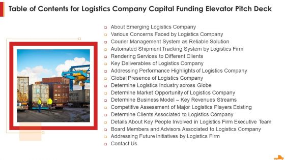 Table Of Contents For Logistics Company Capital Funding Elevator Pitch Deck Clipart PDF