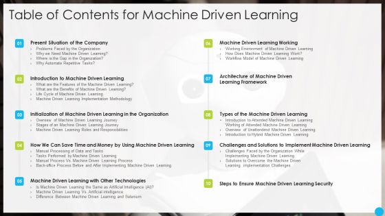 Table Of Contents For Machine Driven Learning Ppt Gallery Slides PDF Table Of Contents For Machine Driven Learning Ppt Gallery Slides PDF