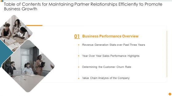 Table Of Contents For Maintaining Partner Relationships Efficiently To Promote Business Brochure PDF