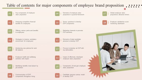 Table Of Contents For Major Components Of Employee Brand Proposition Background PDF