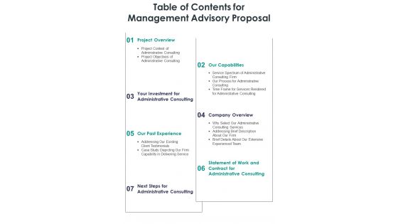 Table Of Contents For Management Advisory Proposal One Pager Sample Example Document Table Of Contents For Management Advisory Proposal One Pager Sample Example Document