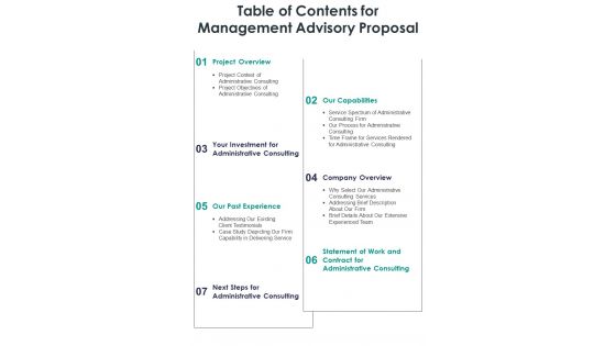 Table Of Contents For Management Advisory Proposal One Pager Sample Example Document