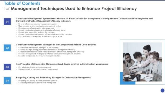 Table Of Contents For Management Techniques Used To Enhance Project Efficiency Topics PDF