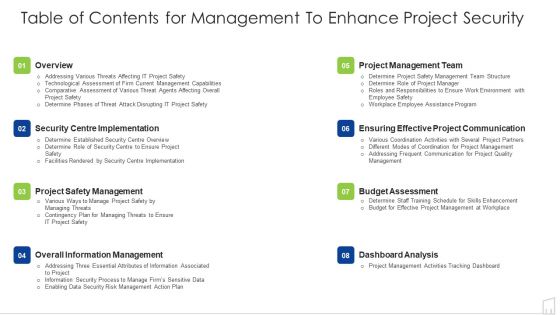 Table Of Contents For Management To Enhance Project Security Ppt Infographics Outline PDF