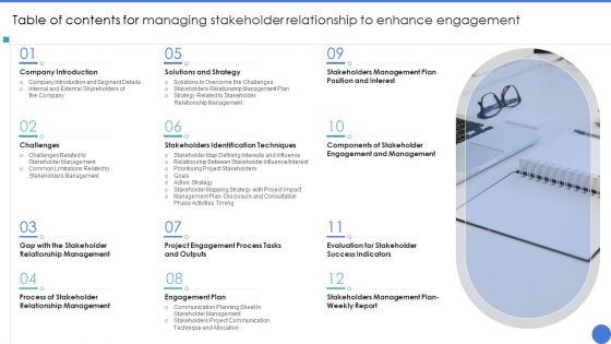 Table Of Contents For Managing Stakeholder Relationship To Enhance Engagement Graphics PDF