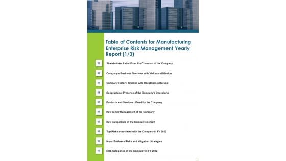 Table Of Contents For Manufacturing Enterprise Risk Management Yearly Report One Pager Documents Table Of Contents For Manufacturing Enterprise Risk Management Yearly Report One Pager Documents