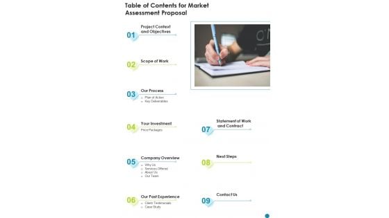 Table Of Contents For Market Assessment Proposal One Pager Sample Example Document