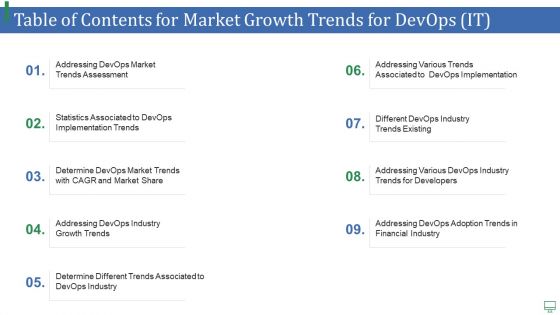 Table Of Contents For Market Growth Trends For Devops IT Introduction PDF Table Of Contents For Market Growth Trends For Devops IT Introduction PDF