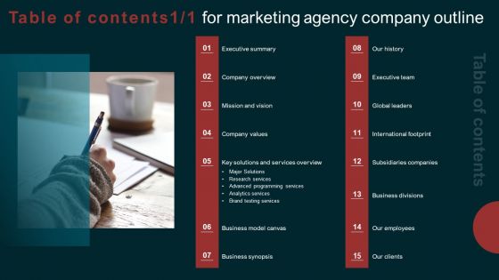 Table Of Contents For Marketing Agency Company Outline Formats PDF