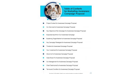 Table Of Contents For Marketing Awareness Campaign Proposal One Pager Sample Example Document